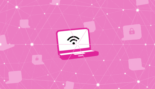 Animering av dator som svävar på en rosa bakgrund