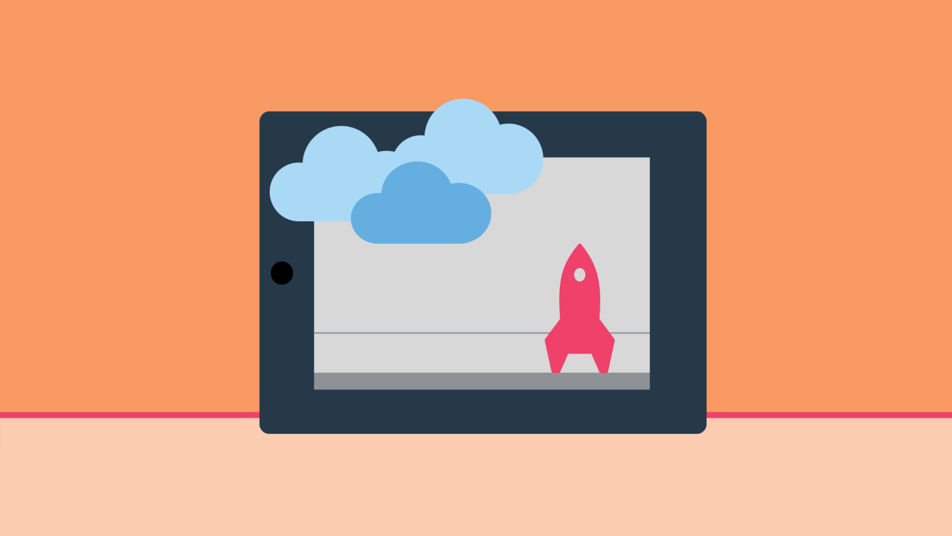 illustration med moln och raket samt digital enhet