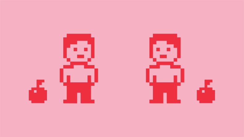 Pixelfigurer med äpplen mot rosa bakgrund