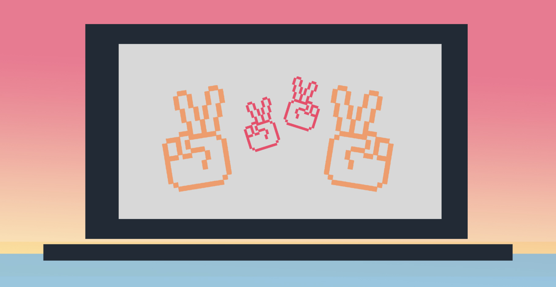 Dator med händer som gör peace-tecken på skärmen