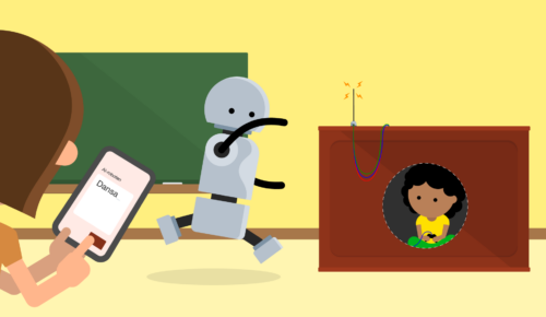 En dansande robot och två barn. Det ena barnet styr roboten med en mobil. Det andra barnet sitter gömd i katedern och styr roboten med hjälp av en styrspak (i hemlighet).