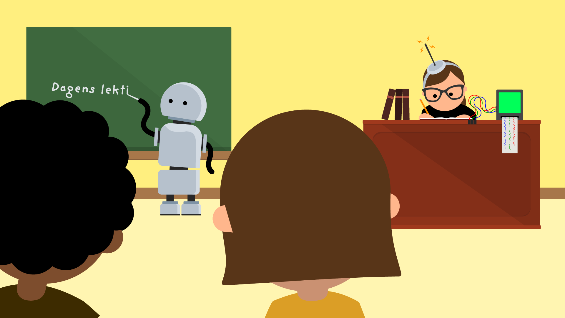 illustration av robot och klassrum med lärare och barn
