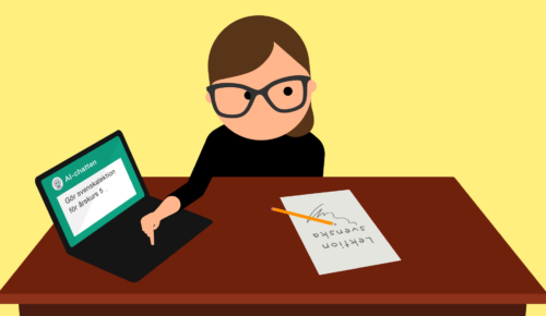 Grafisk bild. En lärare sitter framför en gul bakgrund vid katedern och skriver på en laptop.