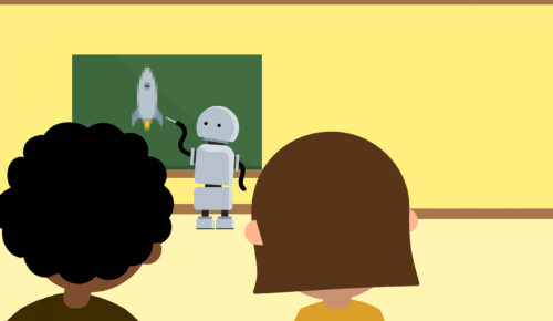 Två barn tittar på en robot som lär ut framför tavlan, bilden är animerad.