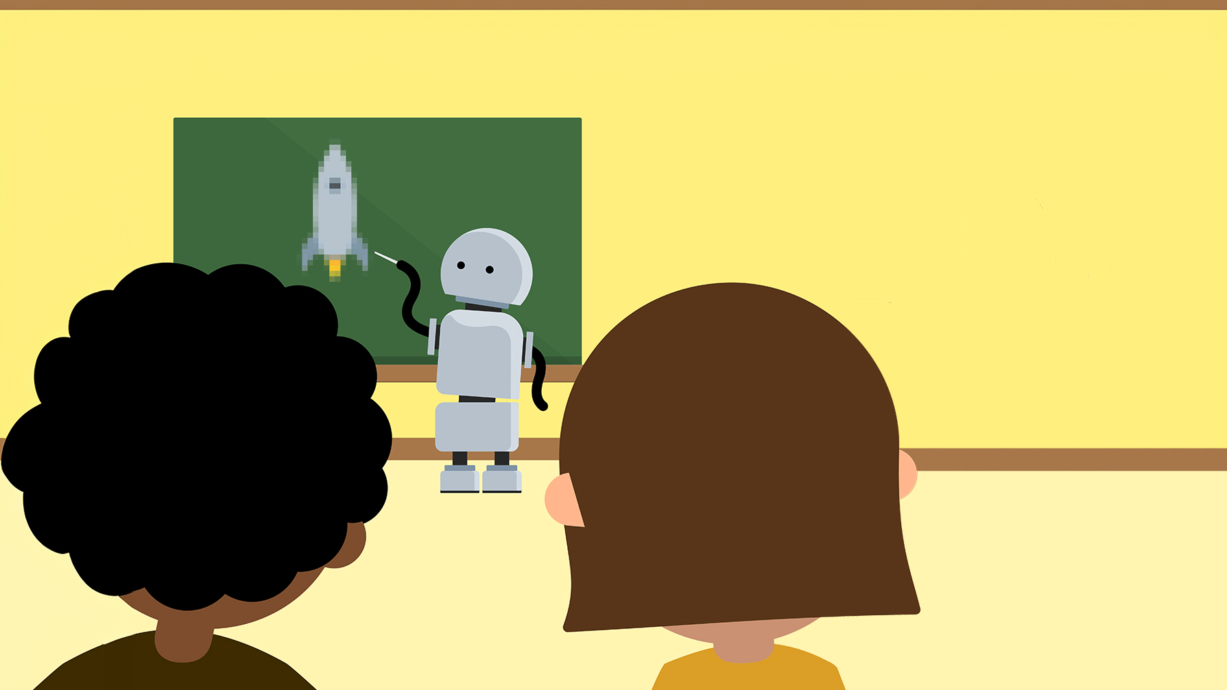 Två barn tittar på en robot som lär ut framför tavlan, bilden är animerad.