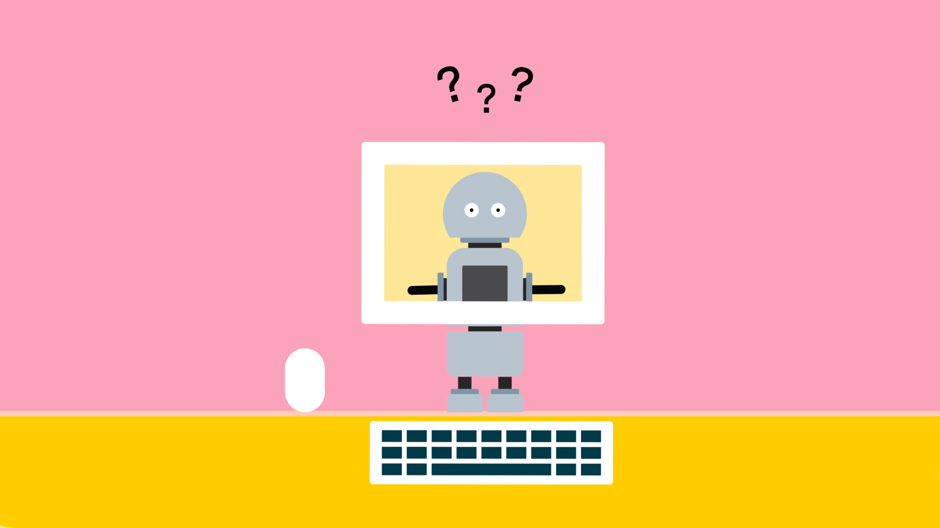 En illustration av en robot bakom en stiliserad skärm