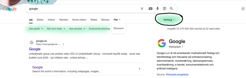 verktygsfält i Google